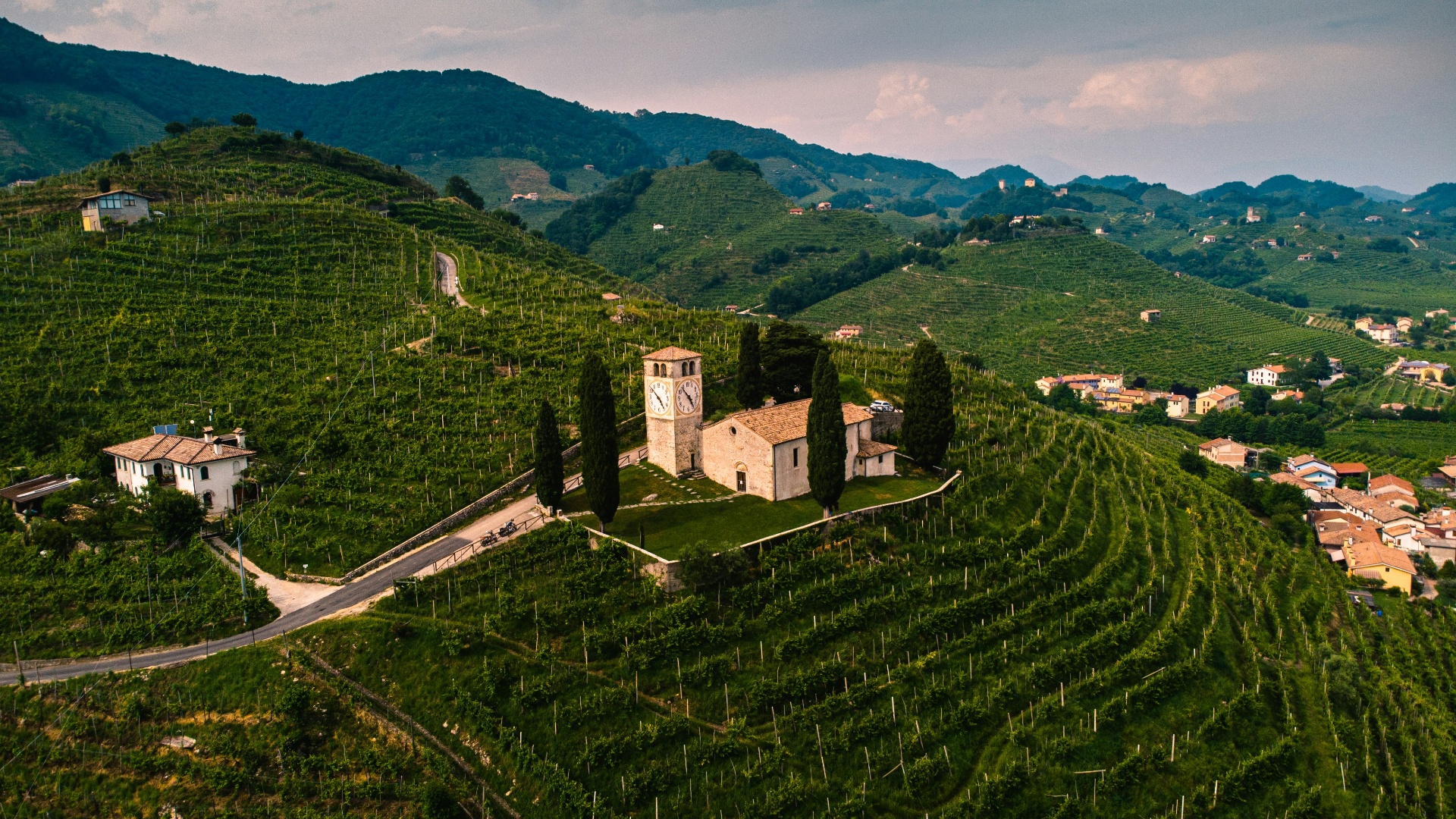 Italian Countryside - rolling vineyards and historic church